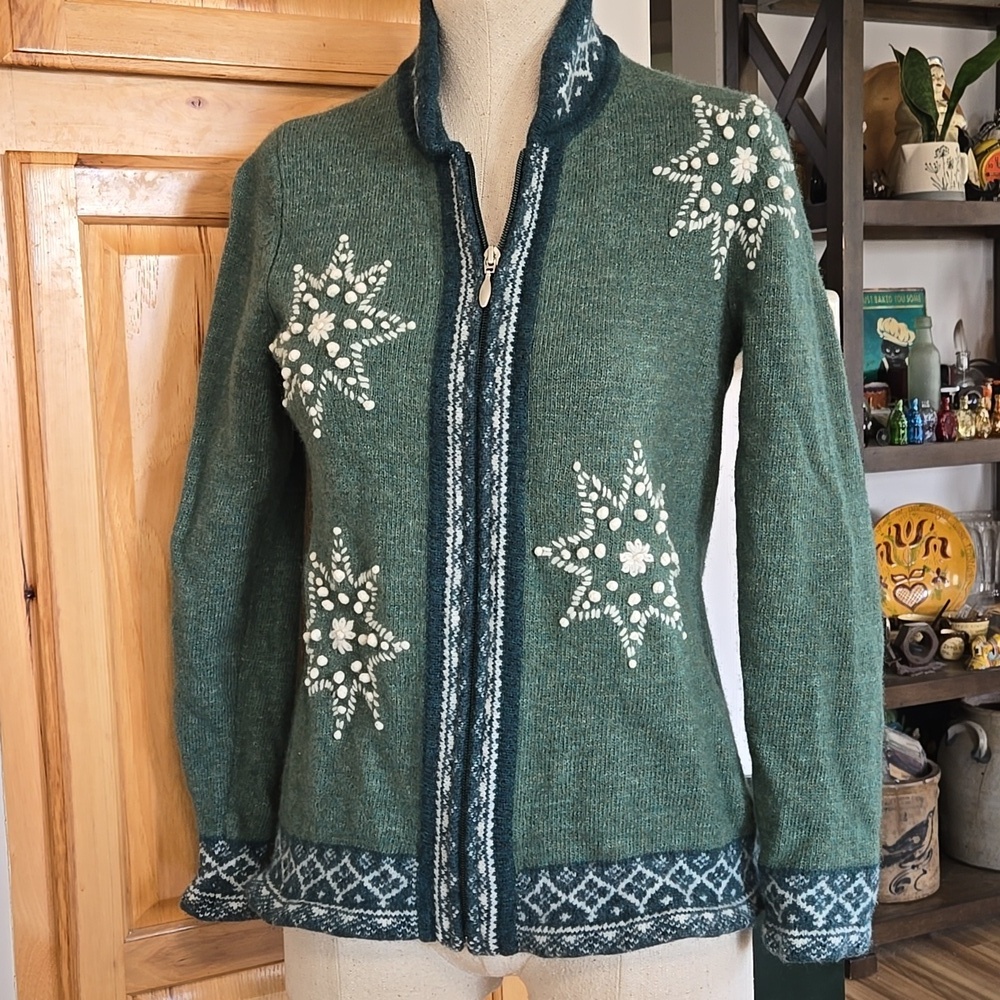 Vinatge Lambswool Blend Appleseeds Nordic Fair Isle Zip Front Cardigan Womens M